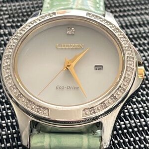 Citizen Eco-Drive Watch with Green Band and Silver Case